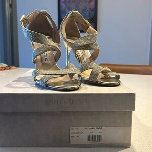 Jimmy Choo Lottie 4" heel glitter fabric sandals gold size 38